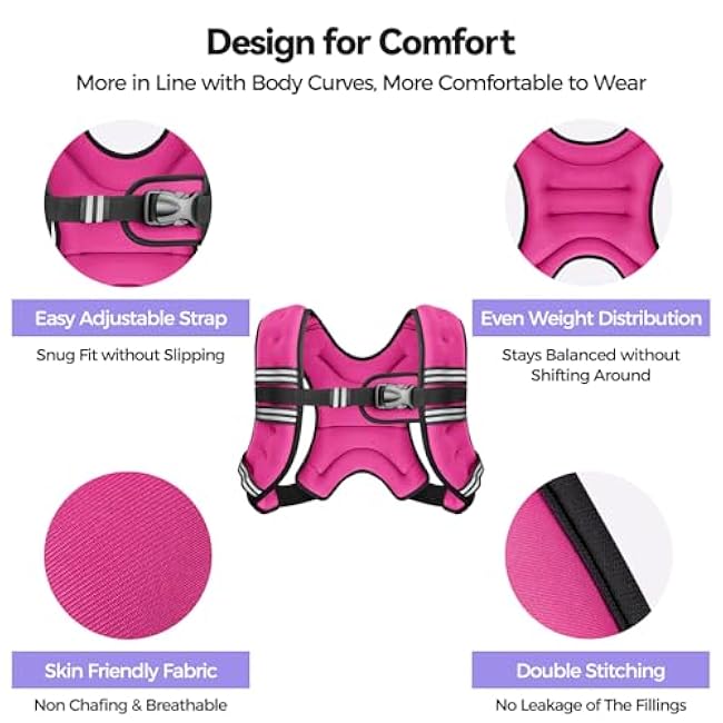 10LBS Weighted Vest for Women & Men with Reflective Stripe and Adjustable Buckle, Comfortable & Durable Rucking Vest for Walking, Running & Strength Training, pink