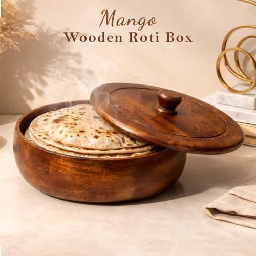 Image of WOODMEN Premium Wooden Roti Box with Lid | Handmade Chapati Storage Container | Insulated Bread Keeper for Kitchen & Dining | Traditional Round Roti Dabha for Serving & Storage.