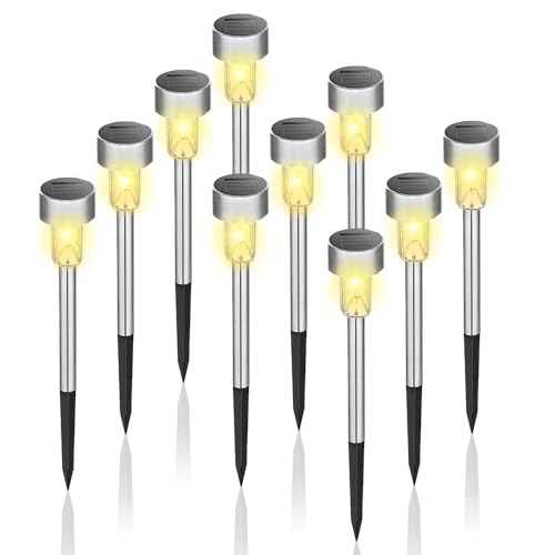 XPJBKC Solar Lights Outdoor Garden Stake, 10 Pack Waterproof Stainless Steel Solar Garden Lights Stake for Yard Patio Walkway Lawn Decorative Pathway