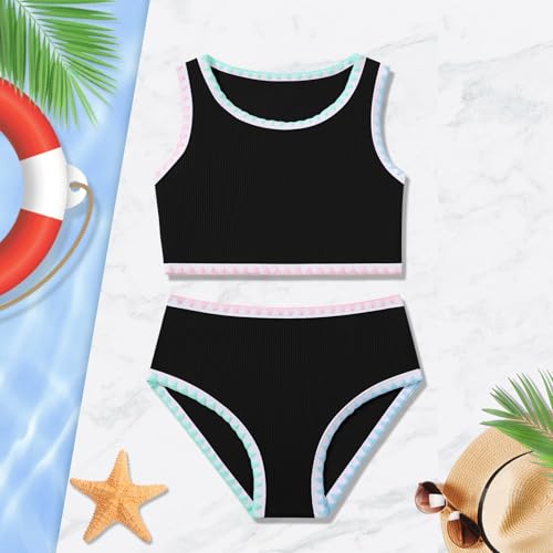 Image of Girls Bathing Suit Toddler Swimsuits 2 Piece Bikini Sets Round Neck Colorful Lace Teen Girls Swimwear 3-14T