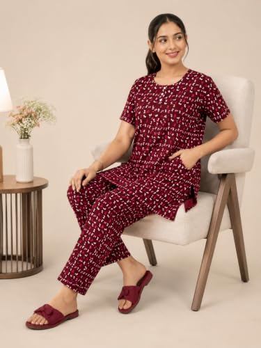 Image of KIAWAH Women Printed Night Suit Set, Cotton Blend Night Suit, A-Line Top and Pajama Set, Soft and Breathable Night Wear