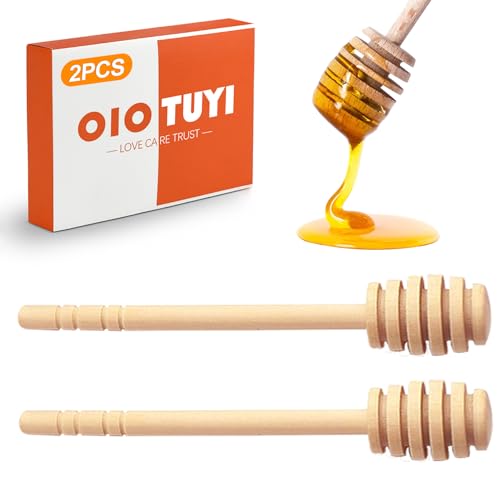 OioTuyi 2 Stück Honiglöffel aus Olivenholz & Holz, Mini Honigheber mit Honigspirale, Dosierer für Honig & Sirup,16 cm Rührstäbchen