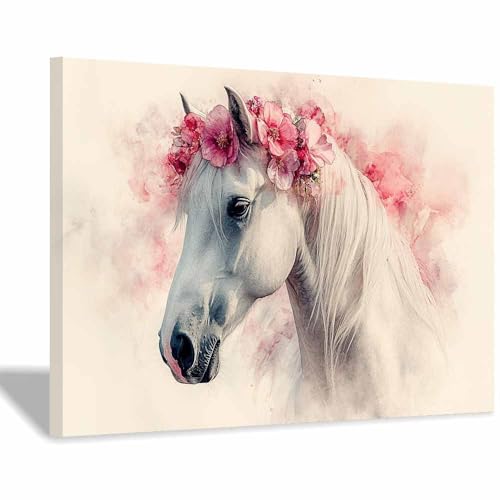 Tableau cheval blanc aquarelle d'art premium encadré 40x60cm pour décoration chic