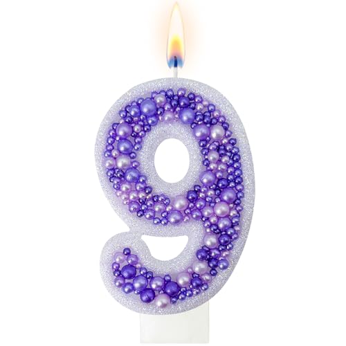 AEYSYU Purple Number 9 Cake Candle with Pearl Decor, Glitter Birthday Cake Topper Candle for Milestone Celebration, Lavender Decorative Number Candle for Dessert Table Decor