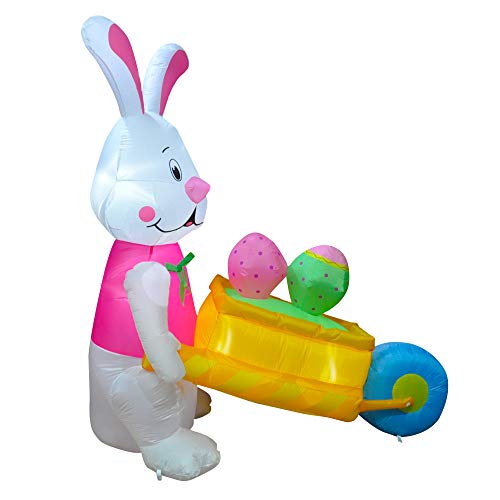 SEASONBLOW 6 FT LED Light Easter Inflatable Rabbit Pushing Wheelbarrow with Eggs Decorations for Yard Lawn Garden Home Outdoor Indoor Holiday Decor