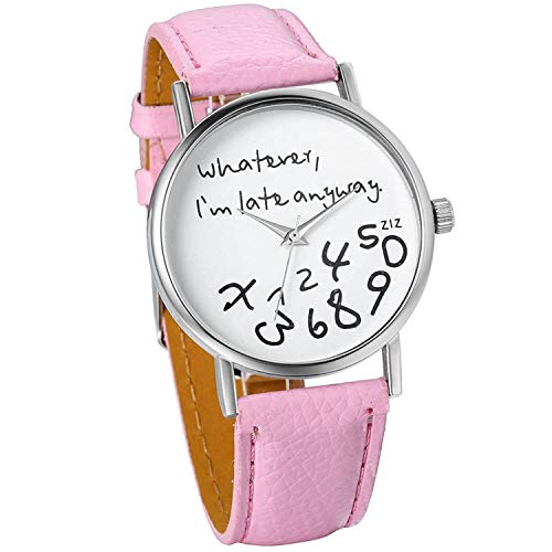 Unisex Female Women Ladies Girls Whatever, I'm Late Anyway Love Gift Leather Strap Watches Quartz Wrist Watch (Pink) -  LsvtrUS, WLT176