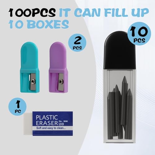 100 Stück 2B Zirkelminen Set mit Radiergummi und Zirkelspitzer - Hochwertige Ersatzminen für Zirkel mit 2mm Durchmesser, Graphitminen für präzise Zeichnungen，für Mathematische Zeichnungserstellung