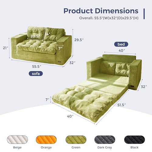 MAXYOYO Convertible Sofa Bed, Pull Out Loveseat Sleeper Sofa, 2 in 1 Folding Couch Bed, Fold Out Floor Couch with Pillows for Living Room Bedroom Lounge, Green