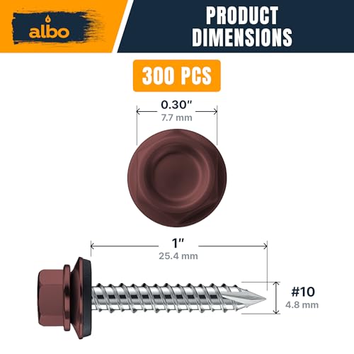 Image of ALBO 300 Pcs #10 x 1 Brown Metal Roofing Screws, EPDM Washers