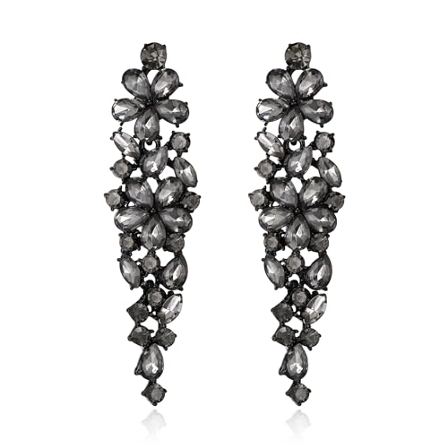 Clearine Sparkle Marquise Rhinestone Crystal Statement Chandelier Dangle Drop Earrings for Women, Art Deco Prom Jewellery for Wedding Bridal Grey Black-Tone
