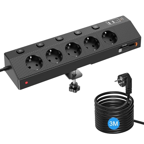 Tischsteckdose Steckdosenleiste mit 2 USB C (PD 30W), PASSUS 5 Fach Mehrfachsteckdose Schreibtisch mit Überspannungsschutz & Einzeln Schaltbar, 10-in-1 Ecksteckdose mit 3M Kabel für Büro, Schwarz