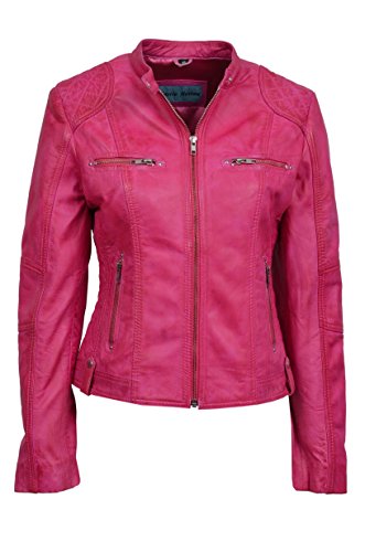 Veste en cuir veritable Vitesse Chers 8322 au style motard retro et chic rose fuchsia