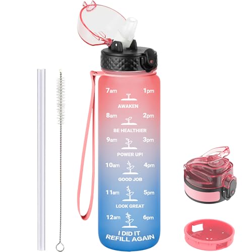 GOPPUS Botella Agua de 1l/32 oz con Pajita Botella de Bebidas Irrompible a Prueba de Fugas con Marcas de Tiempo Botella Deportiva Tritan para Gimnasio Escuela Grande para Adultos Sin BPA con 2 Tapas