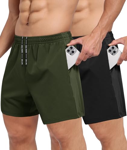 BOOJO 2 Pack Men's Gym Workout Shorts - 5'' Quick Dry Athletic Running Shorts for Casual Basketball with Zipper Pockets Black/Army Green