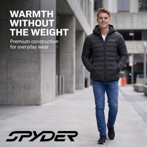 Image of Spyder Puffer Jacket Men - Packable Lightweight Quilted Hooded Winter Coat | Soft-touch insulation, packs into inner zip pocket, reversed coil zipper, zippered hand pockets