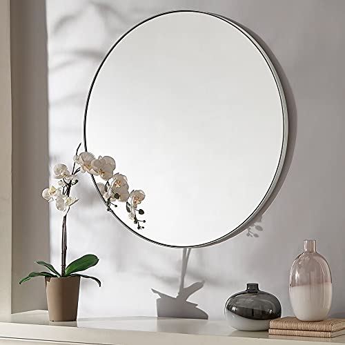 Untrammelife Silver Round Bathroom Mirror, 32 Inch Large Bathroom Vanity Mirror, Modern Circle Wall Mirror Silver Brushed Nickel Metal Frame Round Wall-Mounted Mirror For Bedroom Living Room #TOP5