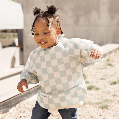 Image of Tiny Twinkle Long Sleeve Bib for Babies & Toddlers | Waterproof Smock Bib for Eating | Machine Washable & Mess-Proof Feeding Essentials | Newborn Shower Gift (Checkers Sage, 2-4Y)