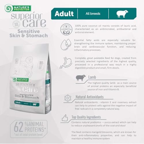 Nature's Protection Superior Care Trockenfutter für Hunde mit Empfindlich Haut und Magen - Hundefutter Trocken Getreidefrei für Alle Rassen mit Lamm, Erwachsene Hunde, 1.5kg