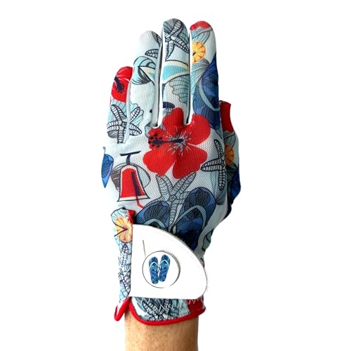 Hand Candy Golf Glove – Premium Cabretta Leather – “Aloha” – Left Hand Women's Golf Glove with Matching Ball Marker (Small)