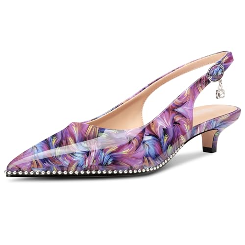 Image of TNYNFBEB Womens Low Kitten Heel Close Pointed Toe Pumps Slingback Silver Beaded Buckle Prom Party Dress Patent Leather 1.4 Inches Heels