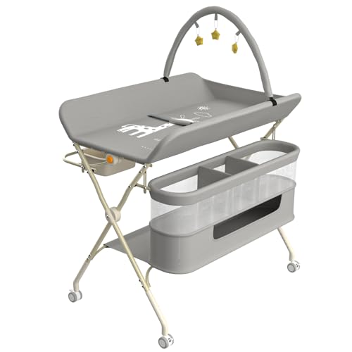 OHMG Table à Langer Pliable, Plan à Langer avec Panier Latéral et roulettes et 3...