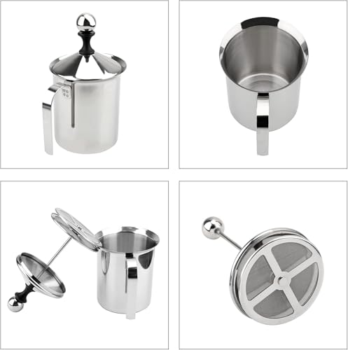Edelstahl Double Mesh manuelle Milchaufschäumer, 800ml Milchaufschäumer Manuell zur Herstellung von Kaffee Cappuccino Schaummilch, 20X10X9,5CM