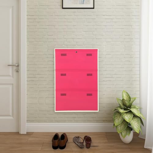 Image of Metal Shoe Rack Wall Mounted for Home with Central Locking |3 Door 28 inch Wall Mounted Metal 9 Pair Shoe Rack Cabinet | Pre-Assembled Rack Shelves |3 Year Warranty (Pink & Ivory)