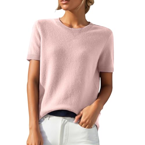Genérico Jersey de mujer negro con cuello redondo, ajuste holgado, mangas cortas, mezcla de suéter, trendy, para usar debajo de otras prendas, de lana, Rosa., M