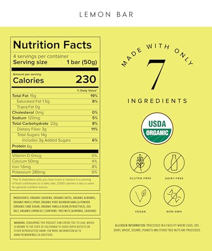 Truvani Plant Based Snack Bars | Lemon Bar 4 Pack | 6g Protein | USDA Organic and Vegan | The Only Bar | Dairy, Soy, and Gluten Free | Individually Wrapped