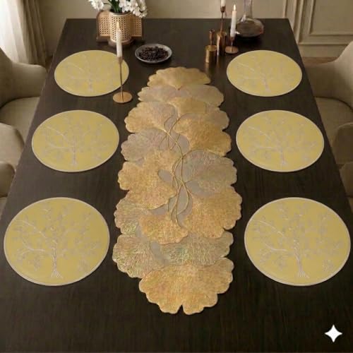 Image of Dakshya Industries Dining Table Mats Round PVC Set | 6 Waterproof Placemats (38 x 38 cm) + 1 Table Runner (91 x 33 cm) | Heat Resistant, Kitchen Decor (Bellcrest)