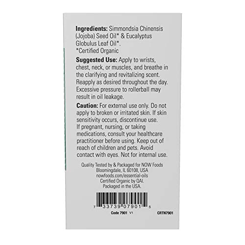 Now Essential Oils, Eucalyptus Roll-On, Certified Organic, Clarifying Blend, Steam Distilled, Topical Aromatherapy, 10-Ml #TOP2