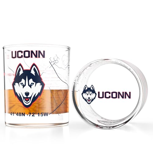 Image of Greenline Goods - University of Connecticut Huskies College Whiskey Glasses (Set of 2), 10 oz - Full-Color Logo + Campus Map