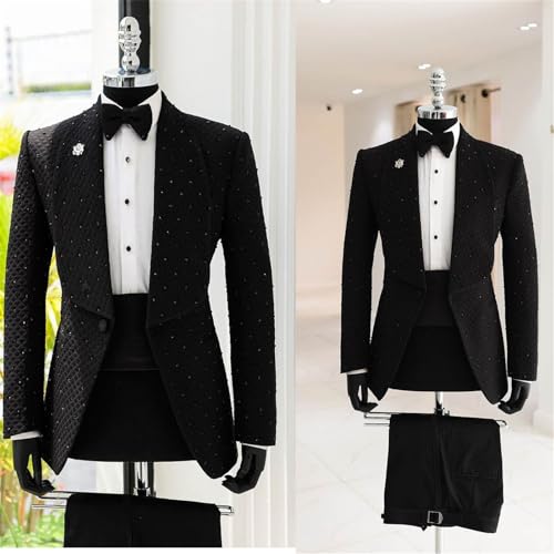 Men's 2 Piece Slim Fit Cotton Square Patterned Jacquard Shawl Lapel Tuxedo Suit with Rhinestone Suit for Wedding Prom2