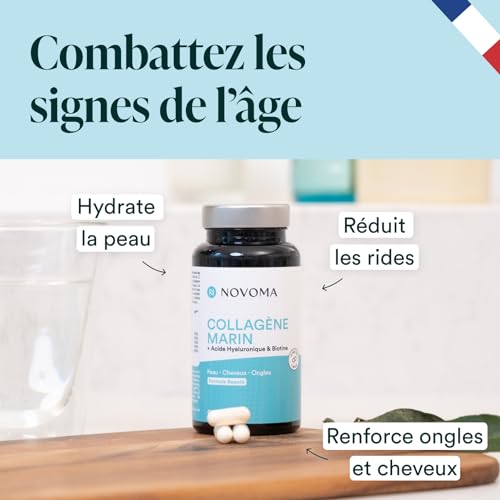 NOVOMA Collagène Marin + Acide Hyaluronique, 1000 mg de Collagene Pur Hydrolysé Type 1 & 3, Avec Vitamine C, Zinc et Biotine, Beauté de la Peau, Cheveux et Ongles, 90 gélules – Image 3