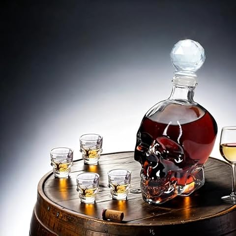 Glass Wine Decanter Set of 5 Great Whiskey Drinking Ware(350ml,45ml), Skull Decanter Bottle and Cup, Liquor Decanter with Airtight Stopper, Wiskey Vodka Beer Decanter for Gift, Home, Bar, Party Decor Cover