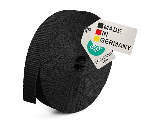 BAUHELD 10m Universal Gurtband 20mm [Made in Germany] - Gewebe Montage-Band aus Polypropylen - Gurt zum Befestigen Nähen oder Zubehör für Rucksack Koffer Steck-Schnalle Spannriemen - Schwarz