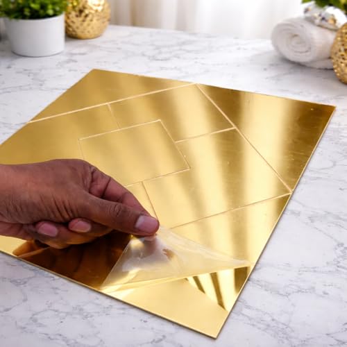 Image of Acrylic Mirror Golden Mosaic Tile Sticker Self-Adhesive Size (12x12 Inch) Pack of 10