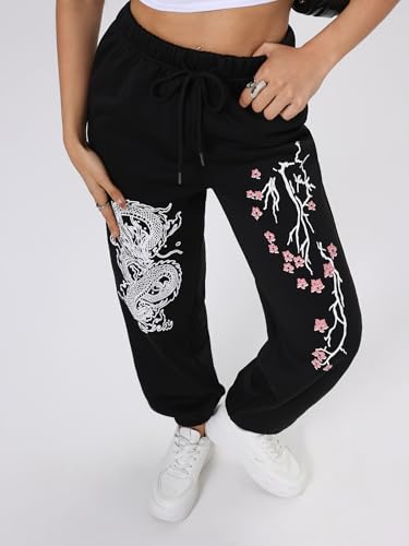 WDIRARA Women's Floral Dragon Print Drawstring Waist Joggers Pants Workout Sweatpants4