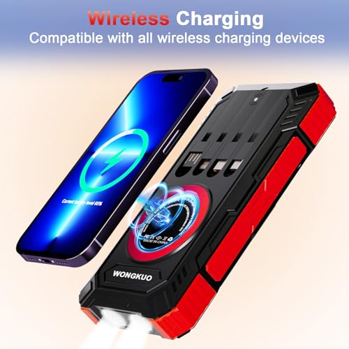 Image of Solar Charger Power Bank - 49800mAh Solar Phone Charger with USB-C in /Output, QC 3.0 Fast Charging with LED Flashlight, Built-in 4 Cables, IP65 Waterproof Fits for Outdoor (Brilliant Red)