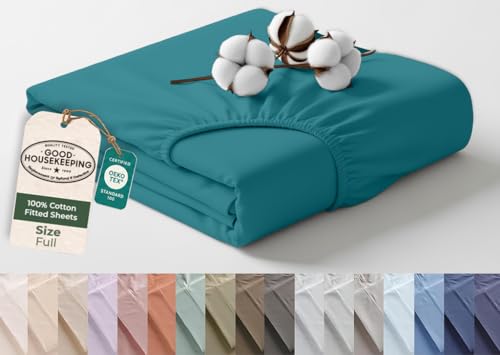Image of Royale Linens 100% Organic Cotton Full Fitted Sheet Only - Percale Weave - Super Soft Deep Pocket Bottom Sheets - Teal Elastic Sheet - Full Size Fitted Sheets Only - (54 inchx75 inch+15 inch, Teal)