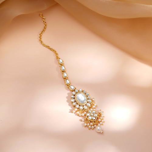 Image of Rubans Necklace Maangtikka Set Gold Plated Kundan & Pearl Jewellery Gift for Women & Girls