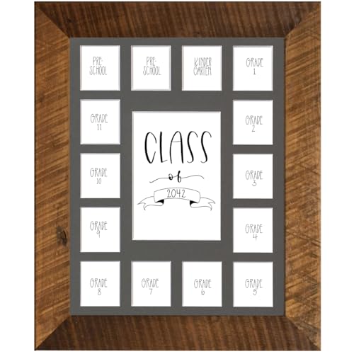 Image of Rustic Red Door Co. School Years Reclaimed Wood Picture Frame with Mat - 11x14 Wooden Framed 15 Photo Collage Mat Pre-School & Kindergarten to 12th Grade High School Graduation (Class of 2042, Gray)