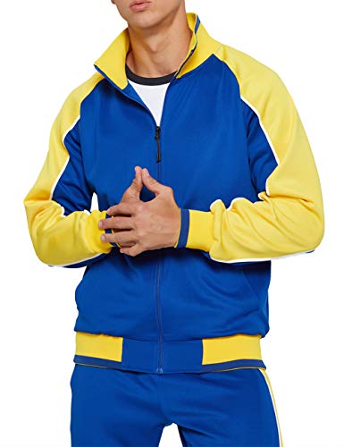 Men Gym Contrast Jogging Full Tracksuit Joggers Set, Blue-L