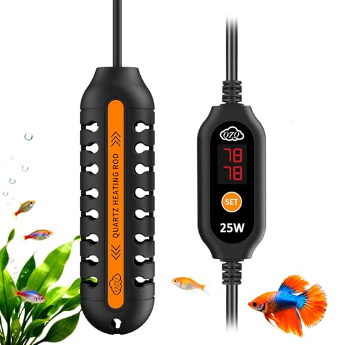 QZQ Aquarium Heater, 25W Adjustable Fish Tank Heater with Digital Display, External Temperature Controller, Submersible Turtle Tank Heater for 3-5 Gallon Tanks