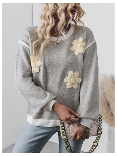 Floerns Women's 3D Floral Long Sleeve Knitted Pullover Top Loose Fit Crew Neck Sweater4
