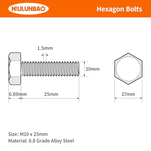 Image of M10-1.5 x 25mm Heavy Duty Hexagon Bolts Hex Head Screws, 8.8 Grade Alloy Steel, Black Oxide Finish, Metric Machine Fully Threaded, 10PCS