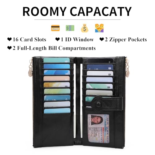 Image of GOIACII Wallet for Women Ladies Wallets Double Zippers Clutch Purse Black | Bifold Ladies Card Holder,Zipper Pockets,Ladies Wallets,Vintage Wallets for Women