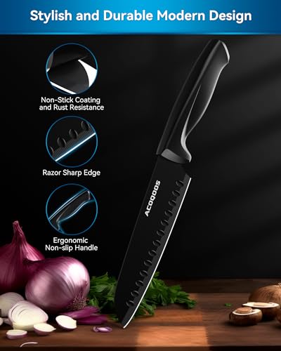 ACOQOOS Knife Set with Block, 10 Piece Stainless Steel Kitchen Knives with Built-in Sharpener for Everyday Kitchen Use - Image 5