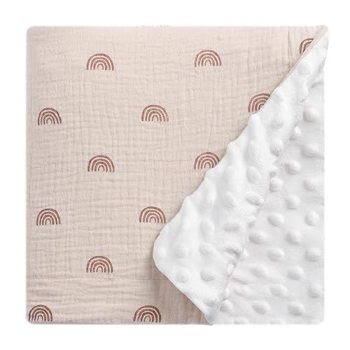 Image of Knirose Fluffy-Backed Baby Swaddle Blankets Double Layer Muslin Cotton Front Nursery Plush Dotted Fleece Back Receiving Bed Quilt Blanket for Unisex Newborn Toddler Boys Girls 30 x 41 Inches