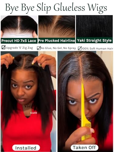 Image of KLAIYI Bye Bye Slip Layer Cut Yaki Straight Bye Bye Knots Bob Wig Human Hair Glueless Drawstring Precut 7x5 Lace Front Wigs Pre Plucked Bleached Ready to Wear and Go Beginners Wig 180% Density 12Inch